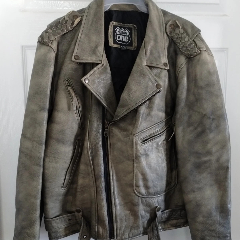Gray Military Style Leather Jacket with Epaulettes